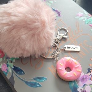 Pom Pom keychain with pink frosted donut